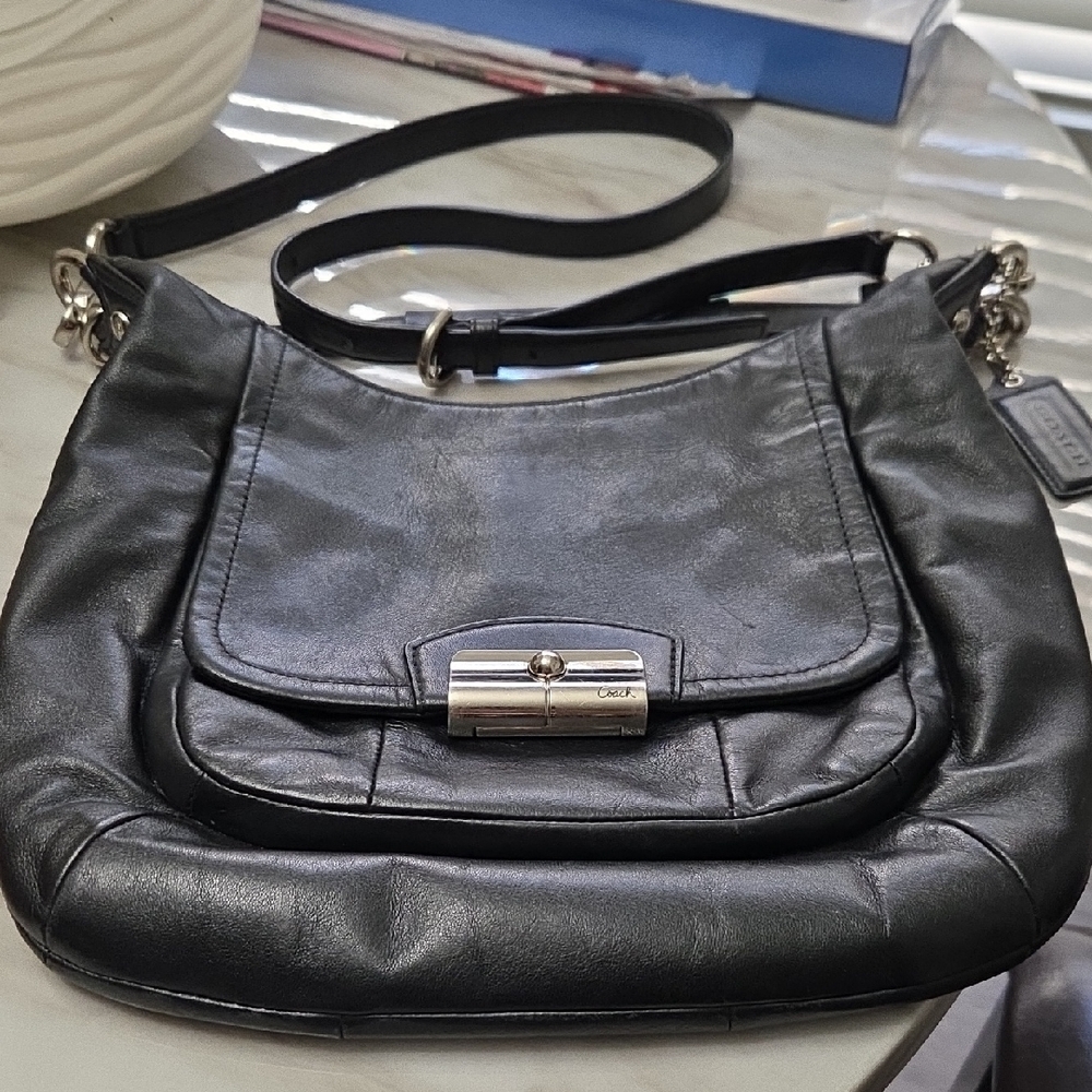 Coach Black Leather Shoulder Bag with Silver Accents & Changeable Straps.